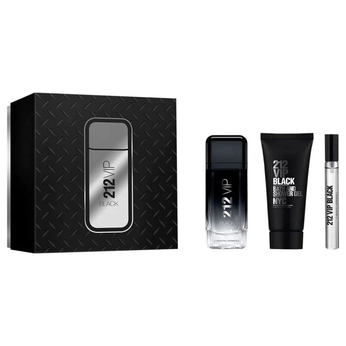مجموعة هدايا 212 في آي بي بلاك: عطر أو دي برفيوم 100 مل + عطر أو دي برفيوم 10 مل + جل استحمام 100 مل من كارولينا هيريرا - كارولينا هيريرا