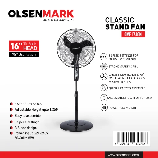 مروحة عمودية كلاسيكية من Olsenmark OMF1793 مقاس 16 بوصة - 3 سرعات و6 شفرات مع جهاز تحكم عن بعد مروحة عمودية كلاسيكية من Olsenmark OMF1793 مقاس 16 بوصة - 3 سرعات و6 شفرات مع جهاز تحكم عن بعد
