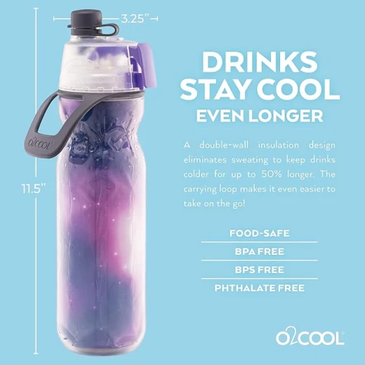 زجاجة ماء O2COOL Mist 'N Sip مع وظيفة الرذاذ والشرب 2 في 1، مزودة بفتحة سحب علوية بدون تسرب، زجاجة ماء رياضية قابلة لإعادة الاستخدام - 20 أونصة (بنفسجي سماوي) - اوه تو كول - Image 4