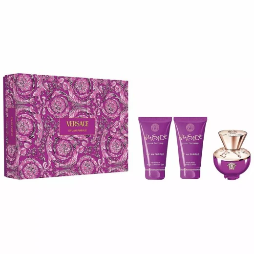 طقم فيرساتشي ديلان بيربل (ماء عطر 50 مل + جل استحمام 50 مل + لوشن للجسم 50 مل) طقم فيرساتشي ديلان بيربل (ماء عطر 50 مل + جل استحمام 50 مل + لوشن للجسم 50 مل)