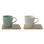 Set of Two 380ml Porcelain Mugs with Acacia Saucers in Green and White Gift Box
