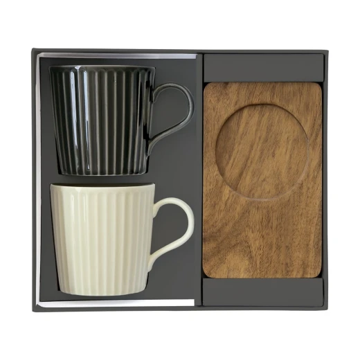 Easy Life Set of Two 380ml Porcelain Mugs with Acacia Saucers in Black and White Gift Box - Easy Life - Image 2