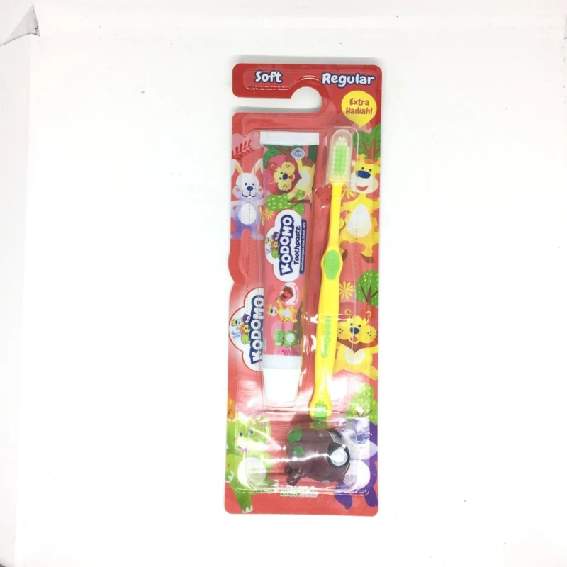 Kodomo 2 in 1 Zig Zag Strawberry Flavored Brush and Toothpaste with Free Small Gift, Yellow - Kodomo