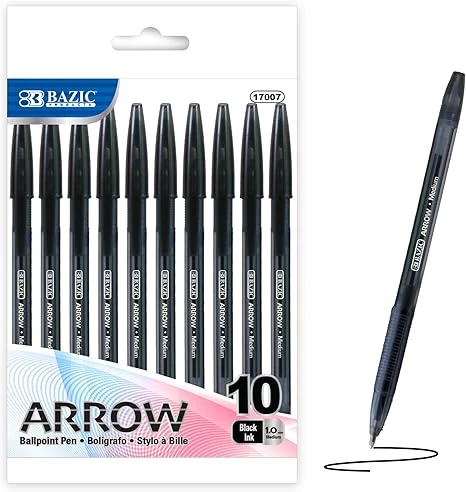 Bazic Arrow Ballpoint Pens, 1.0 mm Medium Point Black Color Stick Pen, Smooth Writing for Office School Teacher, 10 Count, 1-Pack