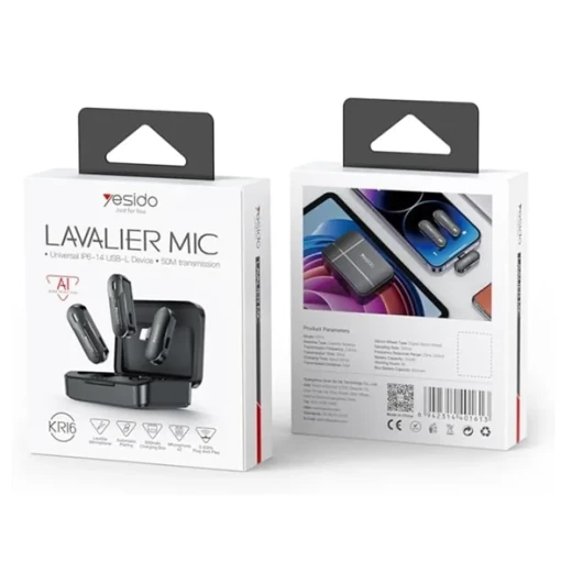 ييسيدو – ميكروفون لافاليير 2 في 1 (KR16) – لايتنينغ، 70mAh، لاسلكي، 2.4GHz – أسود