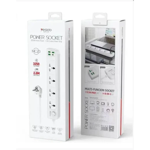 يسيدو MC20 شريط طاقة 4 مخارج 2 متر 3.5A مع شحن PD 15W + 3 USB-A يسيدو MC20 شريط طاقة 4 مخارج 2 متر 3.5A مع شحن PD 15W + 3 USB-A