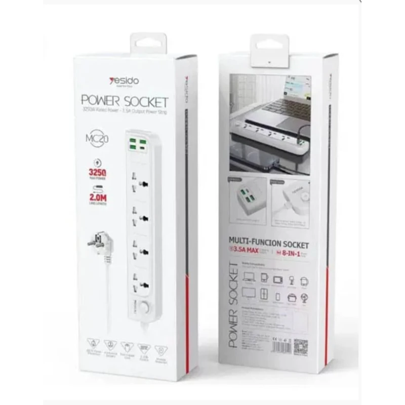 يسيدو MC20 شريط طاقة 4 مخارج 2 متر 3.5A مع شحن PD 15W + 3 USB-A - يسيدو