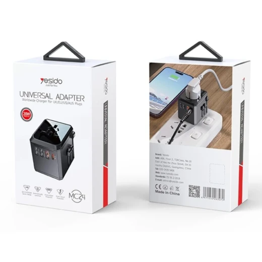 ييسيدو MC24 محول شاحن متعدد الوظائف 20W مع 3 منافذ USB + منفذ Type-C للسفر (أسود)