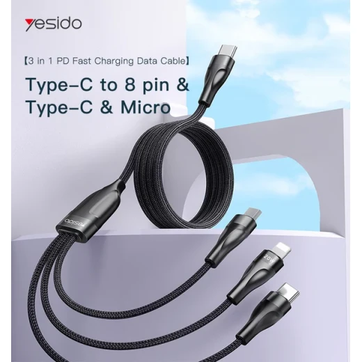 من يسيدو– كابل 3 في 1 – مايكرو USB / لايتنينج / USB-C / أسود (CA60) - يسيدو - Image 5