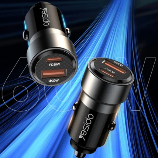 شاحن سيارة Y55  النوع C للشحن السريع 60 وات مع كابل  USB-C إلى  Type-C أسود  من يسيدو - يسيدو - Image 3