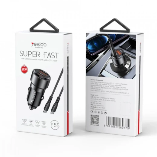 شاحن سيارة Y55 النوع C للشحن السريع 60 وات مع كابل USB-C إلى Type-C أسود من يسيدو شاحن سيارة Y55 النوع C للشحن السريع 60 وات مع كابل USB-C إلى Type-C أسود من يسيدو