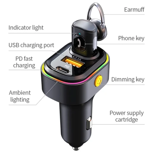 محول إضاءة ملون للسيارةV15 بمنفذين USB وشاحن سريع PD من النوع C + USB وسماعات أذن قابلة للفصل تدعم مكالمات الهاتف بدون استخدام اليدين - لينيس - Image 4