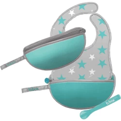 B-Box,Travel Bib Spoon Flexible Soft Bite, Palm Pattern, Adjustable Neck Strap, BPA Free, Phthalate Free, PVC Free, Machine Washable and Folds into Its Own Bag Silver, Blue