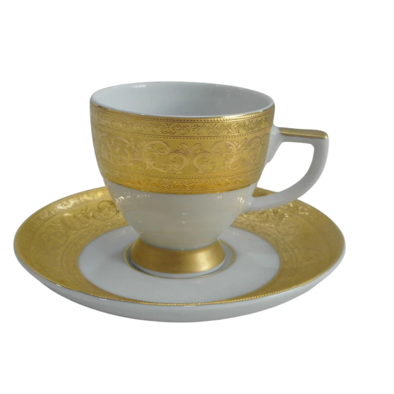 Falken Porzellan Turkish Coffee Cup & Saucer Set of 6 Pieces White Porcelain with Gold Design - Falken Porzellan