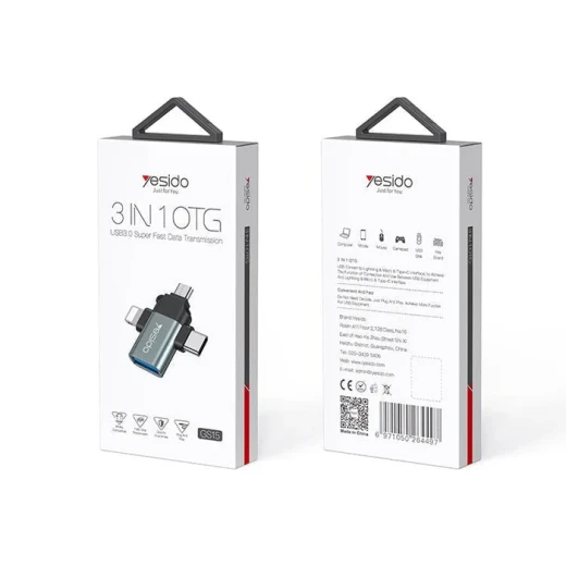 محول يسيدو OTG GS-15 من لايتنينغ، مايكرو، USB-C إلى USB 2.0 لنقل البيانات السريع باللونين الأسود والرمادي محول يسيدو OTG GS-15 من لايتنينغ، مايكرو، USB-C إلى USB 2.0 لنقل البيانات السريع باللونين الأسود والرمادي