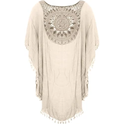 Tassel Stylish Cover Up Dress, Round Neck Loose Fit Crochet Decor Beach Kaftan