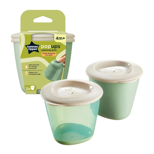 Tommee Tippee Pop Up Weaning Pots, 2x 60ml Baby Food Containers with Soft Push Up Bases, Freezer Safe, 4m+ Tommee Tippee Pop Up Weaning Pots, 2x 60ml Baby Food Containers with Soft Push Up Bases, Freezer Safe, 4m+