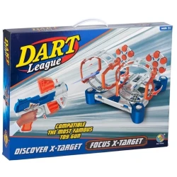 Dart League Shooting Game Double Gun 2 foam dart guns, 2 rotating obstacles, 14 plastic targets, 24 soft foam darts, and 2 dart holders Ages 3+ Years