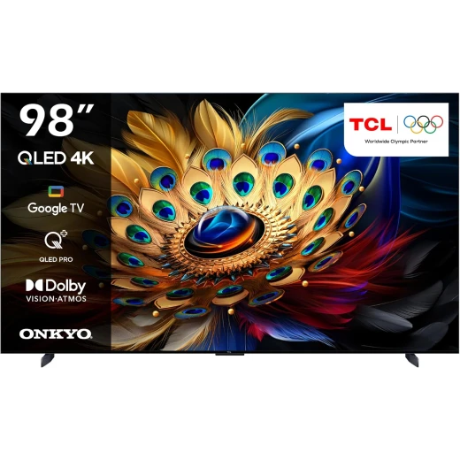 تلفزيون TCL الذكي مقاس 98 بوصة – QLED Pro بدقة 4K، يدعم HDR10+، Google TV، Dolby Vision وDolby Atmos، معدل تحديث 144 هرتز VRR + 240 هرتز DLG، نظام صوتي ONKYO 2.1، تصميم نحيف وموحّد (Slim & Uni-body) – موديل 98C655، لون أسود – ضمان لمدة سنتين