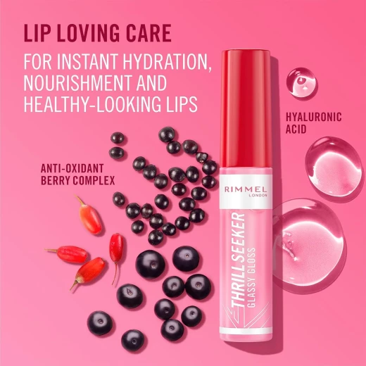 Rimmel Thrillseeker Glassy Lip Gloss Pink to the Berry Hydrating Shine Non Sticky Big Applicator Vegan Makeup - Rimmel London - Image 4