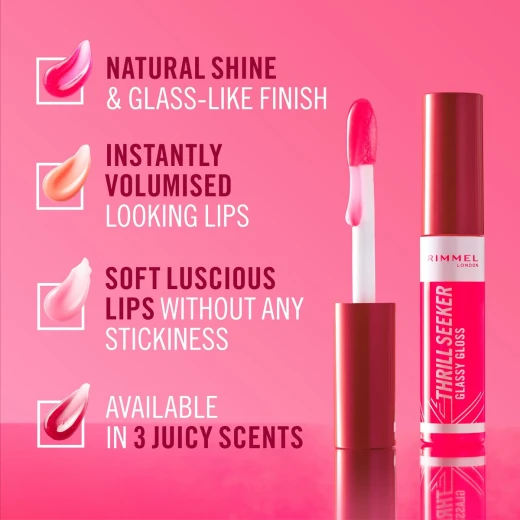 Rimmel Thrillseeker Glassy Lip Gloss Pink to the Berry Hydrating Shine with Hyaluronic Acid for Fuller Lips - Rimmel London - Image 4