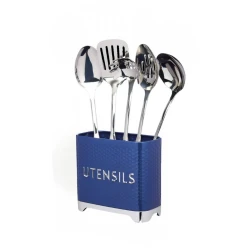 KitchenCraft Utensil Holder Blue Hexagon Pattern 20 x 10 x 18 cm Retro Design with Raised Lettering Anti-Scratch Base Lovello Collection