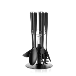 Guzzini Cooking Kitchen Utensil Set 5-Piece Tool Set with Stand: Slotted Spoon, Spaghetti Server, Ladle, Spoon & Turner 19 x 35 cm