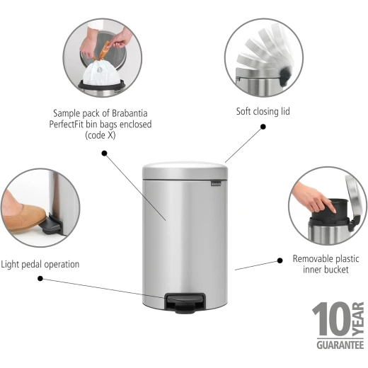 Brabantia NewIcon Pedal Bin 12L with Plastic Inner Bucket Soft Closing, Moss Metallic Grey Eco-Friendly, Quiet Operation, Supports The Ocean Cleanup - Brabantia - Image 6
