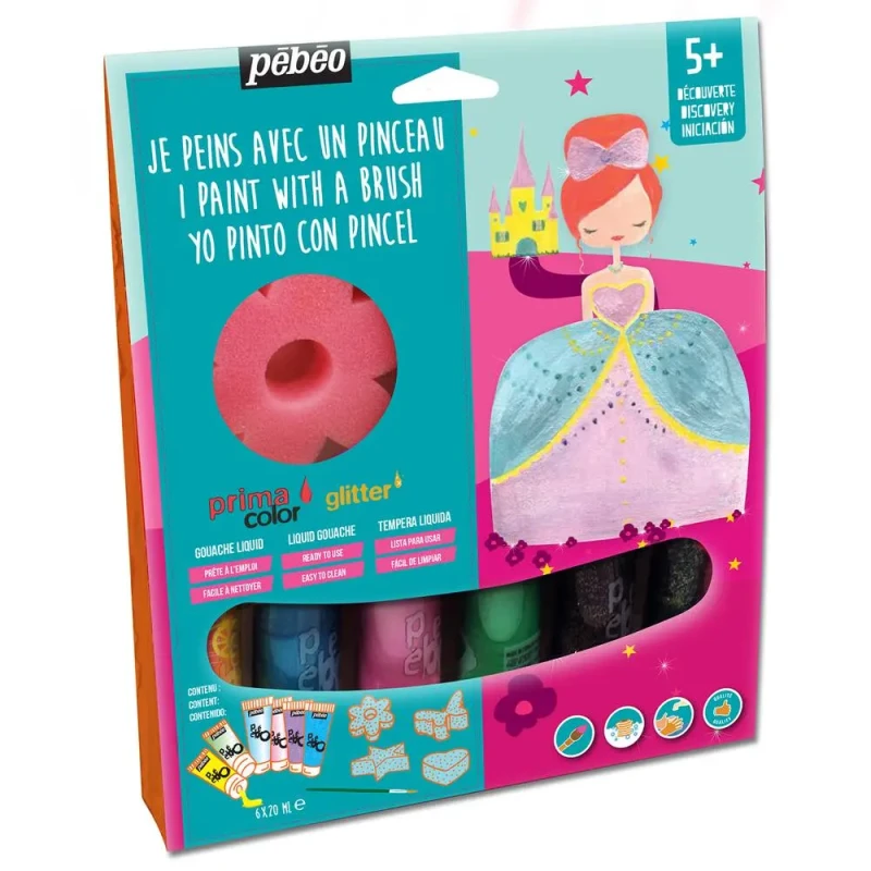 طقم ألوان بريماكلور للأطفال تمبرا لامعة بموضوع "الأميرة" 6 ألوان سائلة جاهزة للاستخدام + فرشاة و4 طابعات إسفنجية تشطيب مطفي قابلة للغسل وآمنة للأطفال من بيبيو - بيبيو