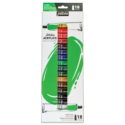 Pebeo Studio Acrylic Paint Set 18 Tubes x 12ml, Thick, Flexible & Quick-Drying, Non-Toxic & Eco-Friendly, For Canvas, Paper, Wood & Metal, High Pigment, Water-Based Colors Pebeo Studio Acrylic Paint Set 18 Tubes x 12ml, Thick, Flexible & Quick-Drying, Non-Toxic & Eco-Friendly, For Canvas, Paper, Wood & Metal, High Pigment, Water-Based Colors