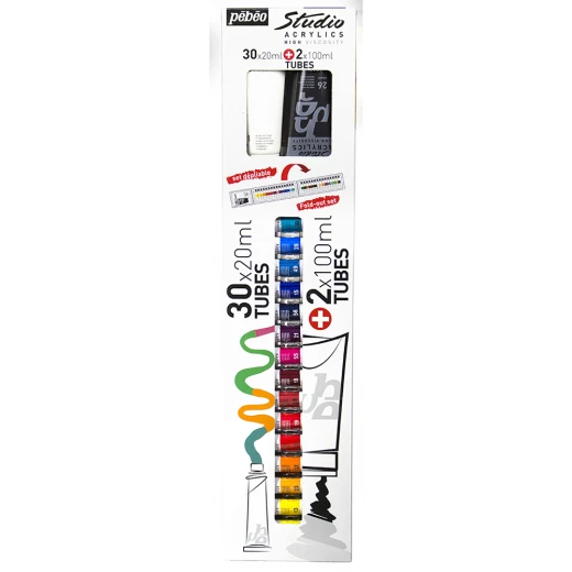 Pebeo Studio Acrylic Paint Set, 30 Tubes x 20ml + 2 x 100ml (Black & White), Fold-Out Acrylic Set with Rich, Vibrant Colours, Thick Consistency & Satin Matte Finish, High Pigment, Lightfast Pebeo Studio Acrylic Paint Set, 30 Tubes x 20ml + 2 x 100ml (Black & White), Fold-Out Acrylic Set with Rich, Vibrant Colours, Thick Consistency & Satin Matte Finish, High Pigment, Lightfast