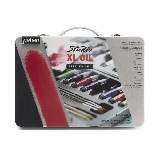 Pébéo XL Fine Oil Paint Set, 12 x 12ml + 5 x 20ml Tubes + Complete Accessories, Metal Atelier Case, Professional Quality for Beginners & Amateurs