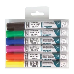 Pebeo 7A Light Fabric Brush Markers, Set of 6Water-Based, 1mm Nib, Ideal for Light-Colored Fabrics, Includes Yellow, Orange, Red, Blue, Green, and Black