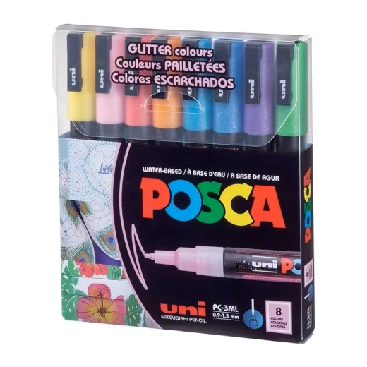 طقم ماركر PC-3M ,8 ألوان لامعة بطرف دقيق, حبر معتم قائم على الماء وغير سام, يجف بسرعة وقابل للطبقات, مثالي للفنون، التزيين، والأعمال اليدوية, صناعة يابانية من بوسكا - بوسكا - Image 2