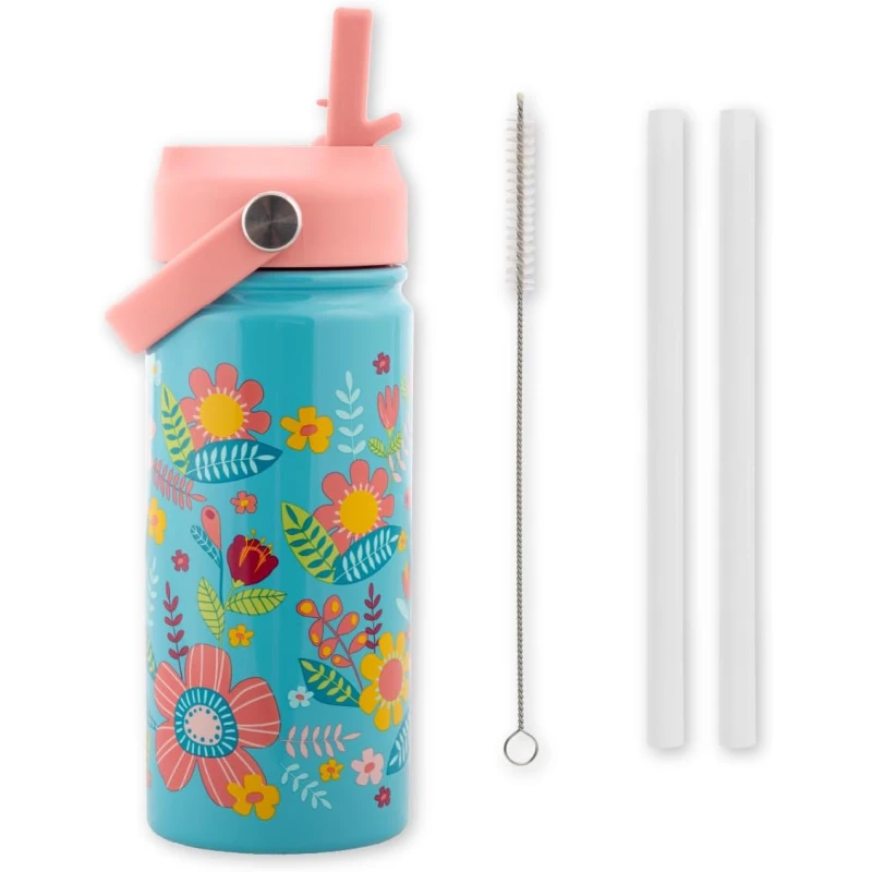 Stephen Joseph, 14oz Insulated Stainless Steel Water Bottle with Straw and Handle for Sports, Travel, and School, BPA-Free Sports Water Bottle, Turquoise Floral - Stephen Joseph