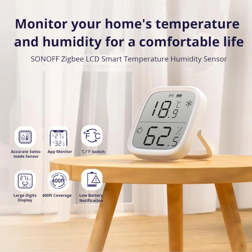 مستشعر درجة الحرارة والرطوبة الداخلي SONOFF Zigbee، مقياس حرارة ورطوبة Zigbee بشاشة LCD SNZB-02D، يعمل مع Alexa وGoogle Home للمراقبة عن بُعد وأتمتة المنزل، يتطلب محور ZigBee 3.0، عبوة من قطعة واحدة - سونوف - Image 9