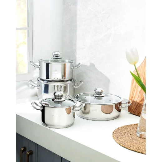 طقم أواني طهي أورفا 8 قطع من الفولاذ المقاوم للصدأ، المقاسات 16 سم، 20 سم، 22 سم، 24 سم، متين وغير لاصق من مدام كوكو طقم أواني طهي أورفا 8 قطع من الفولاذ المقاوم للصدأ، المقاسات 16 سم، 20 سم، 22 سم، 24 سم، متين وغير لاصق من مدام كوكو