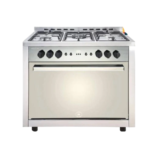 فرن غاز مودرن ستانلس (مراي) 60×90، 5 شعلات، إشعال ذاتي، أمان كامل، بدون مروحة، بدون غطاء زجاجي، باب ألمنيوم مزدوج من ساميكس