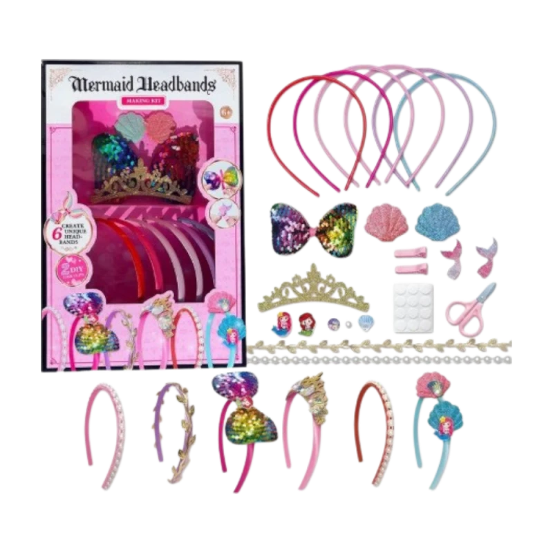 منتج أطفال مميز - Mermaid Headbands Making Kit for Girls, DIY Craft Set to Create 6 Sparkly Headbands with Bows, Tiaras & Sea-Themed Decorations, Creative Gift for Kids - ماي دولي