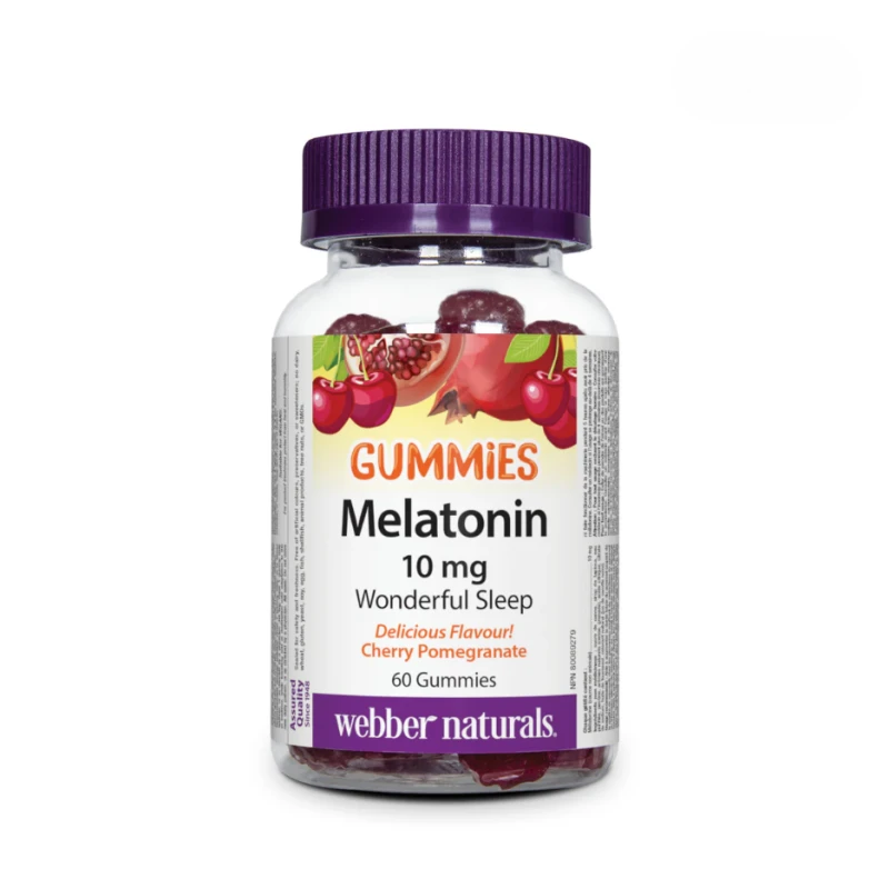 Webber Naturals Melatonin 10mg Gummies, Natural Sleep Support, Vegan, Cherry Pomegranate Flavour, 60 Gelatin-Free Gummies, Maximum Strength, Non-Habit Forming - Webber Naturals