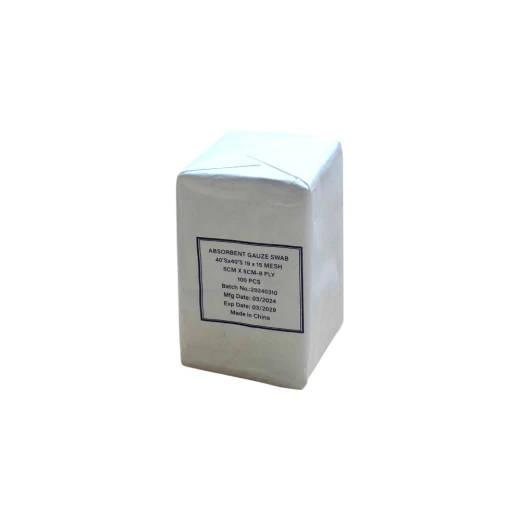 شاش طبي ماص 5×5سم, 8 طبقات، 100 قطعة (40s×40s، شبكة 19×15) شاش طبي ماص 5×5سم, 8 طبقات، 100 قطعة (40s×40s، شبكة 19×15)