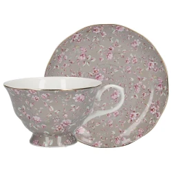 Creative Set of 6 Katie Alice Ditsy Floral Cups & Saucers, Fine Bone China, Grey, 200ml, Gold-Trimmed Floral Design
