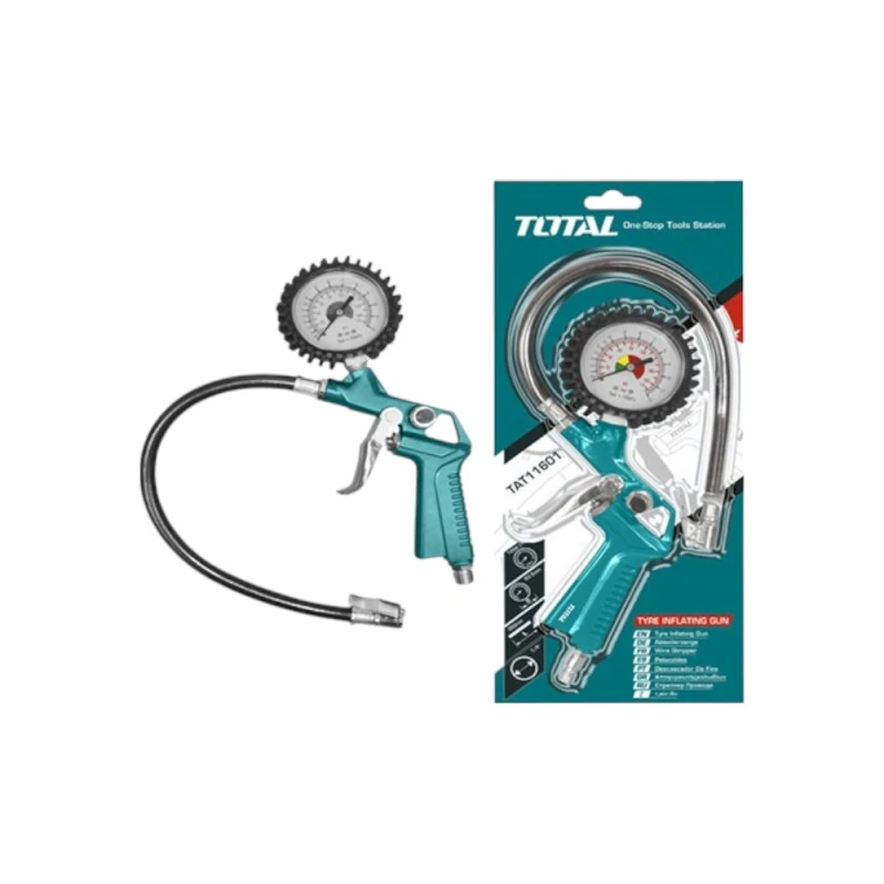 TOTAL Air Tire Inflating Gun, 8.5Bar / 120PSI Pressure Gauge with Multi-Type Connectors for Cars, Motorcycles & Bicycles - Total