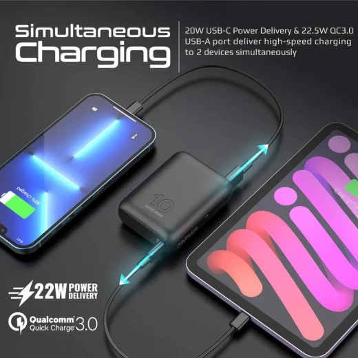 باور بانك Acme-PD20 بسعة 10000 مللي أمبير، شحن سريع بقوة 20 واط PD عبر USB-C وتقنية صحن سريع 3.0، بطارية محمولة مدمجة متوافقة مع آيفون وسامسونج وأجهزة أندرويد, أسود من بروميت - برو مات - Image 5