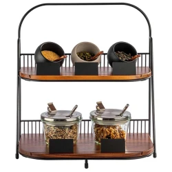 APS Serving Stand 2 Tier Tray Set - Wood and Black Metal - Modern and Functional Serveware
