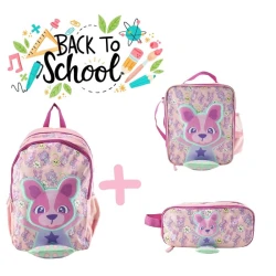 Stage 3-Piece School Set: Backpack 41×12, Lunch Bag 19×8, Pen Case 10×4 cm, Pink Dog Print
