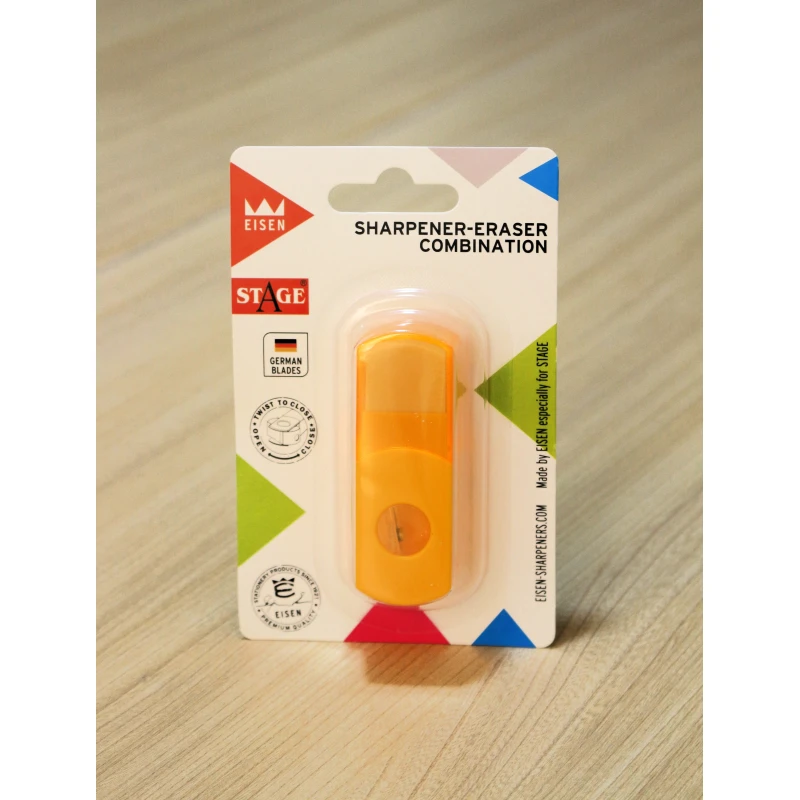 Stage Sharpener-Eraser Combo, Twist-to-Close Design with German-Made Blades for Standard Pencils Orange - Stage
