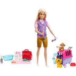 Barbie Animal Rescue Playset with Blonde Doll, Monkey & Tiger Figures, Carrier & Accessories for Kids