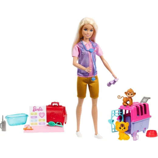 Barbie Animal Rescue Playset with Blonde Doll, Monkey & Tiger Figures, Carrier & Accessories for Kids Barbie Animal Rescue Playset with Blonde Doll, Monkey & Tiger Figures, Carrier & Accessories for Kids