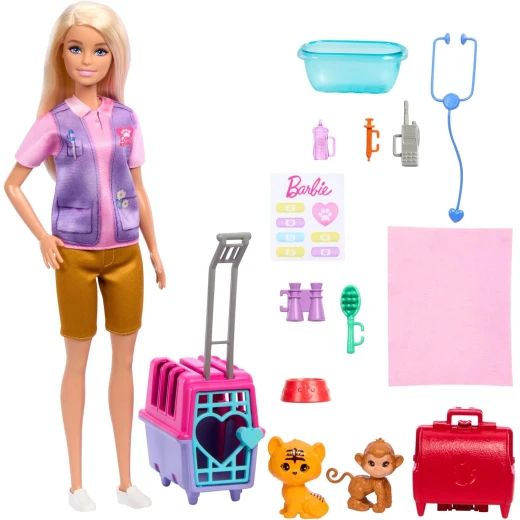 Barbie Animal Rescue Playset with Blonde Doll, Monkey & Tiger Figures, Carrier & Accessories for Kids - Barbie - Image 2